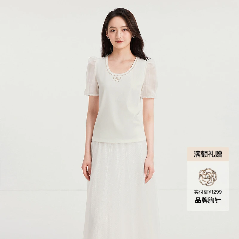 【珐琅霓裳】珂莱蒂尔商场同款气质白色针织时尚休闲秋季圆领上衣