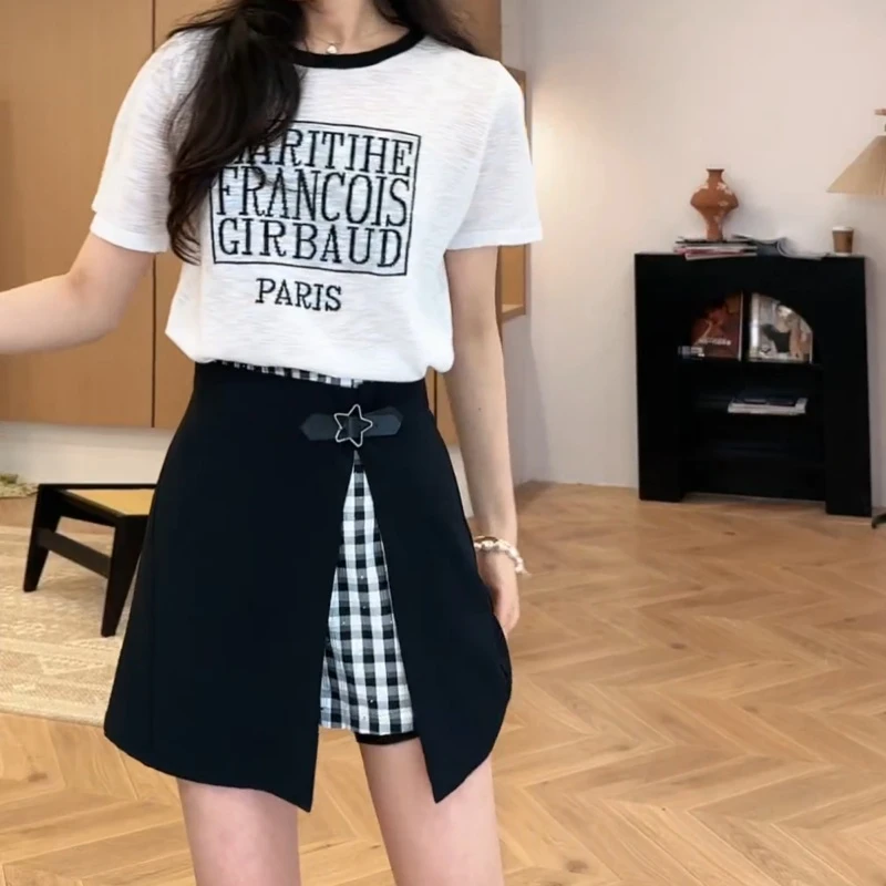 【曼谷热浪】新款夏季薄款时尚T恤短袖+显瘦假两件裙裤LK2503607