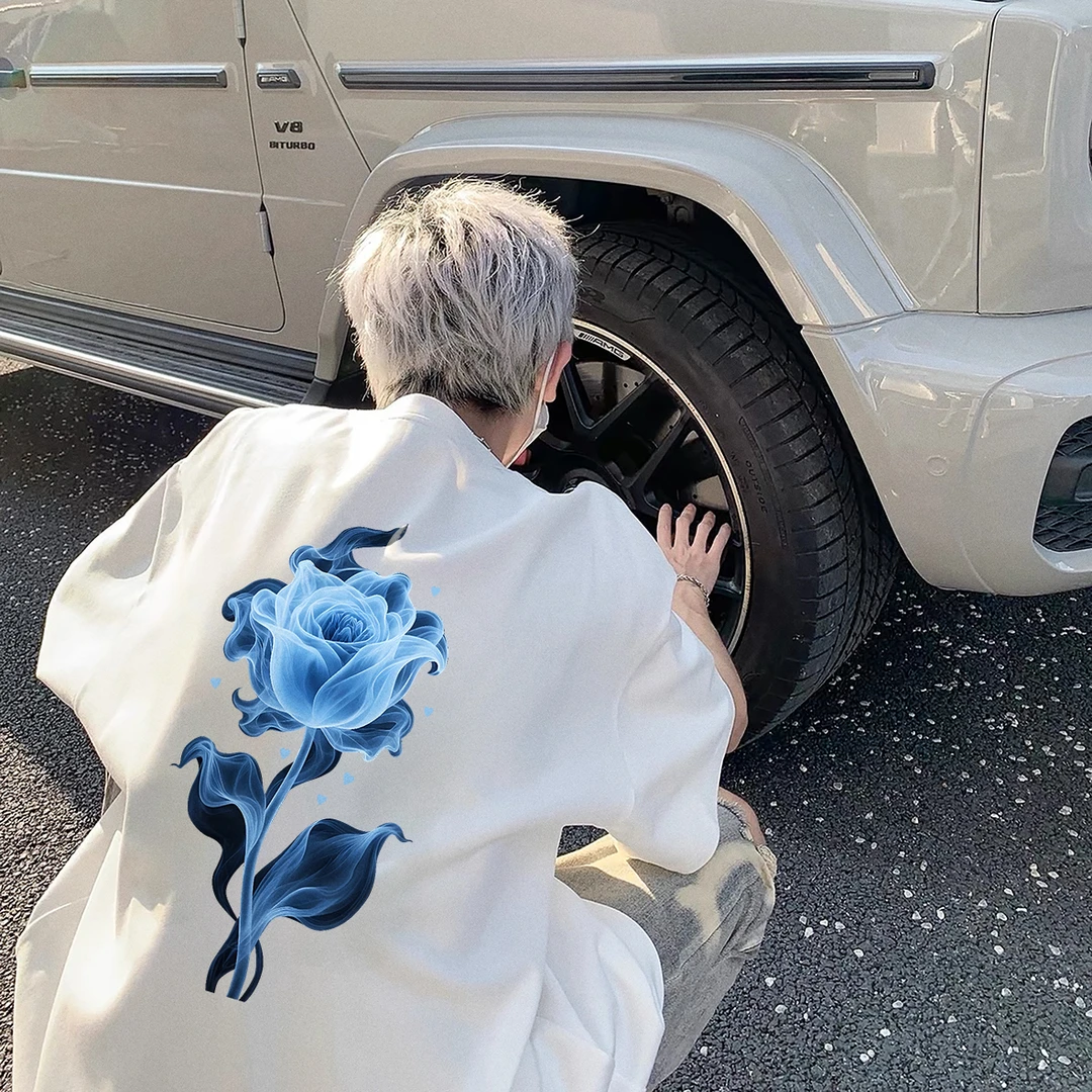 重磅美式复古玫瑰印花纯棉短袖t恤男女同款夏季半袖宽松情侣上衣