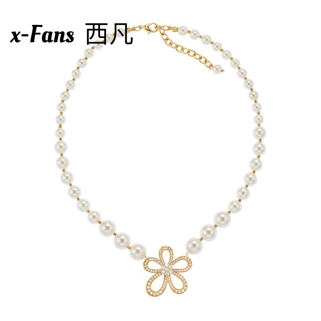 铜合金仿珍珠项链 法式植物花卉女日韩10cm以下百搭小众欧若风