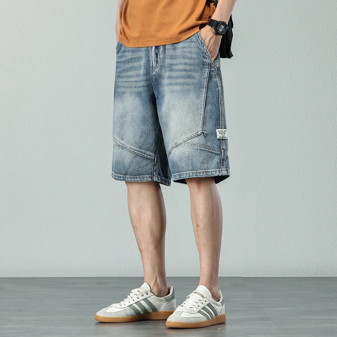 莱赛尔天丝浅色牛仔短裤男士夏季宽松休闲中裤潮流直筒五分裤子男