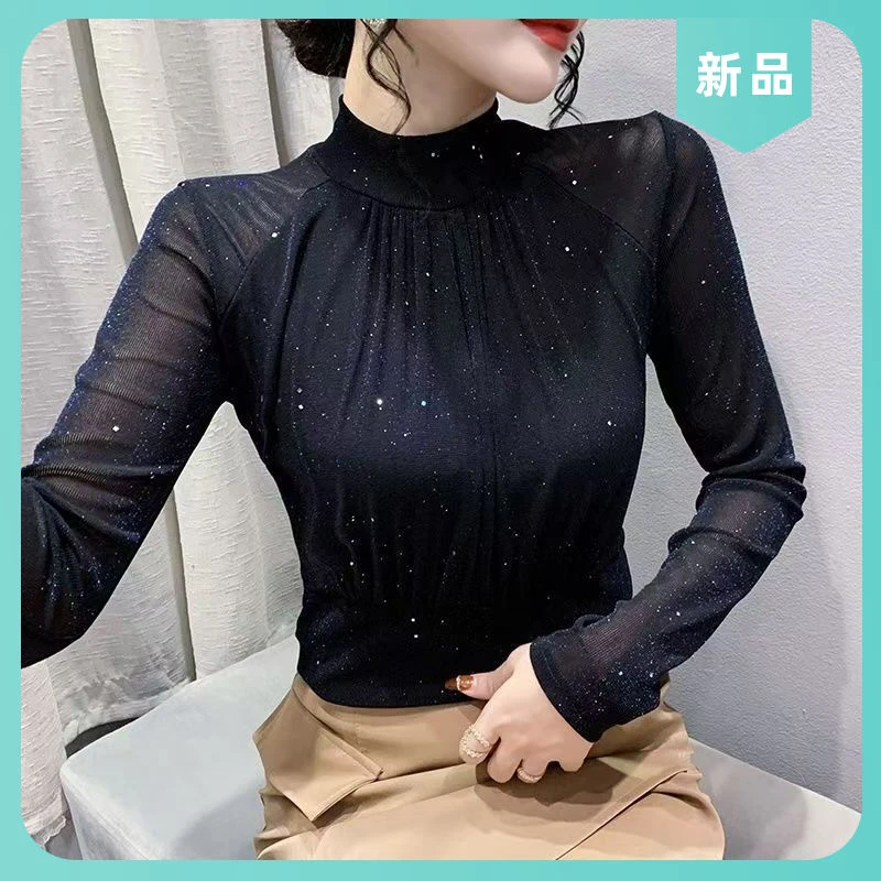 小衫长袖内搭女紧身上衣打底衫时尚复古高档网纱洋气