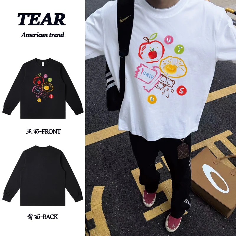 美式重磅纯棉创意水果趣味印花长袖T恤宽松百搭ootd穿搭男女同款