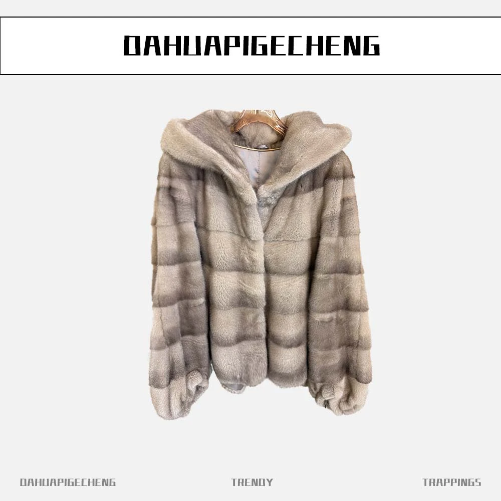 北集熊银蓝色连帽横排水貂皮草女百搭貂皮大衣女整貂外套