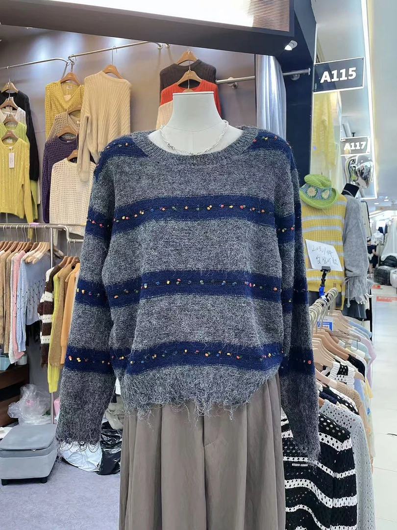 韩版高级感慵懒风百搭圆领宽松套头针织衫女加厚洋气条纹亮片毛衣