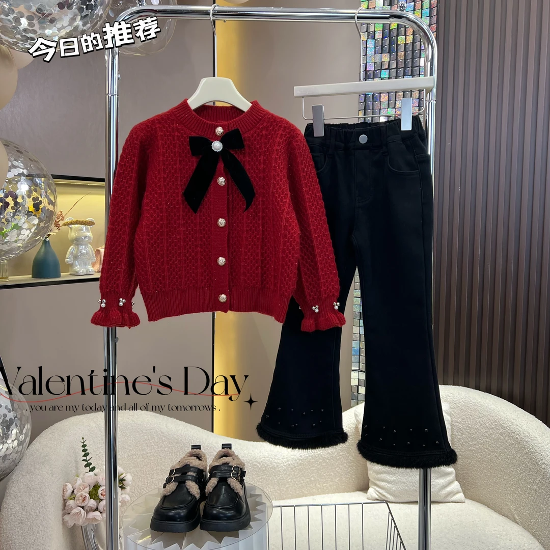 女童2025春季新款小香风蝴蝶结圆领气质开衫百搭毛衣4008