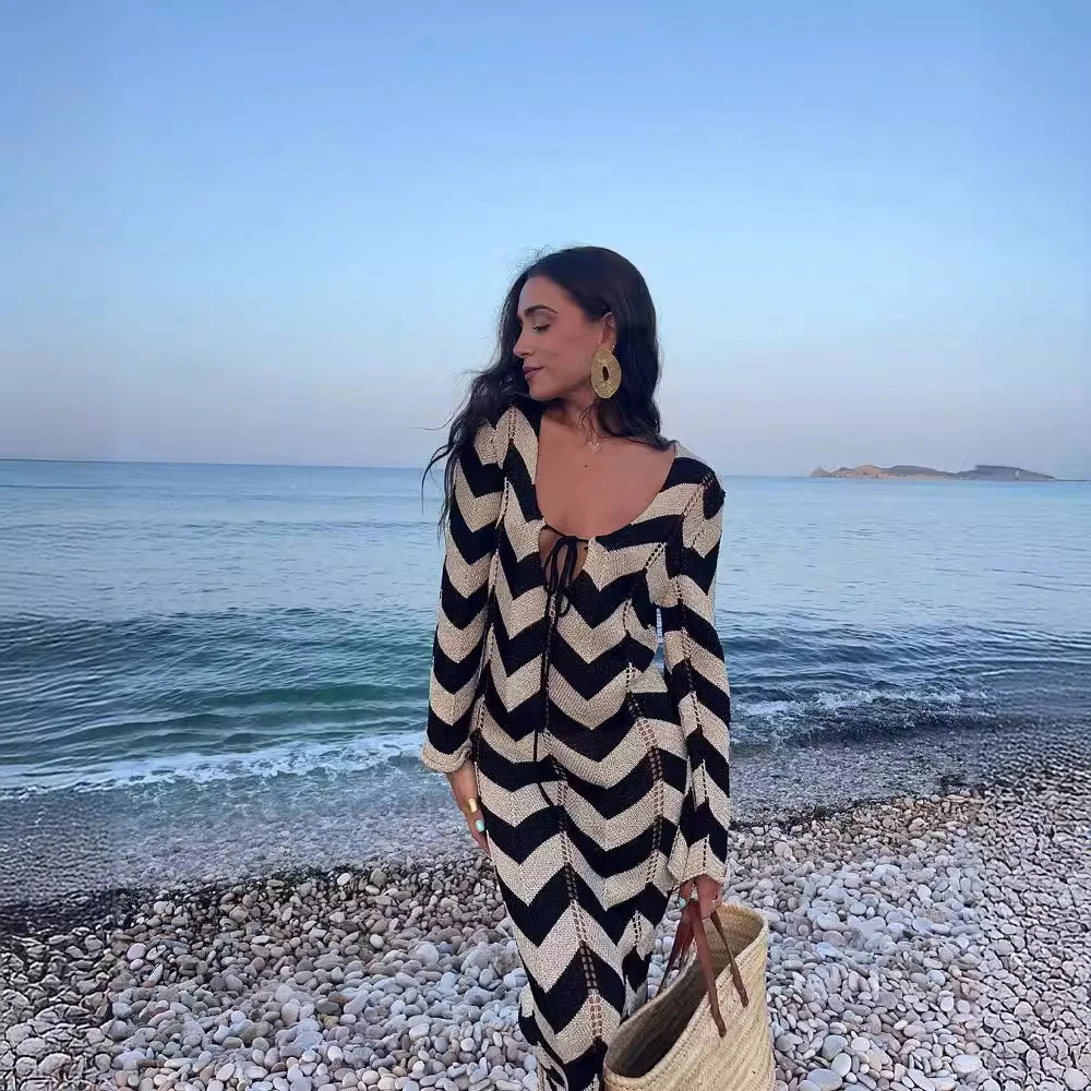 跨境新款条纹欧美秋季双面穿系带镂空性感显瘦沙滩连衣裙气质针织