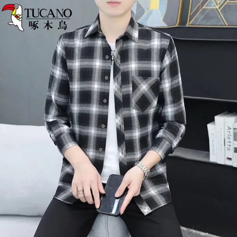 啄木鸟百搭修身衬衣春秋休闲潮流夏季学生衬衫青少年爆款宽松格子