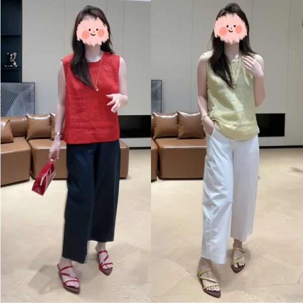 夏季中国风刺绣花边圆领无袖宽松百搭上衣松紧腰显瘦裤子套装