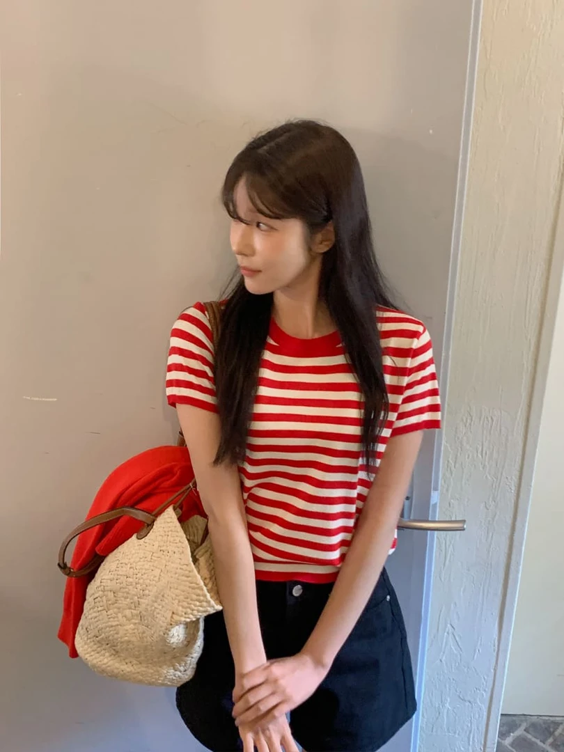 【丝光棉】小红条 女士条纹T恤时尚短袖新款休闲圆领韩版百搭短袖