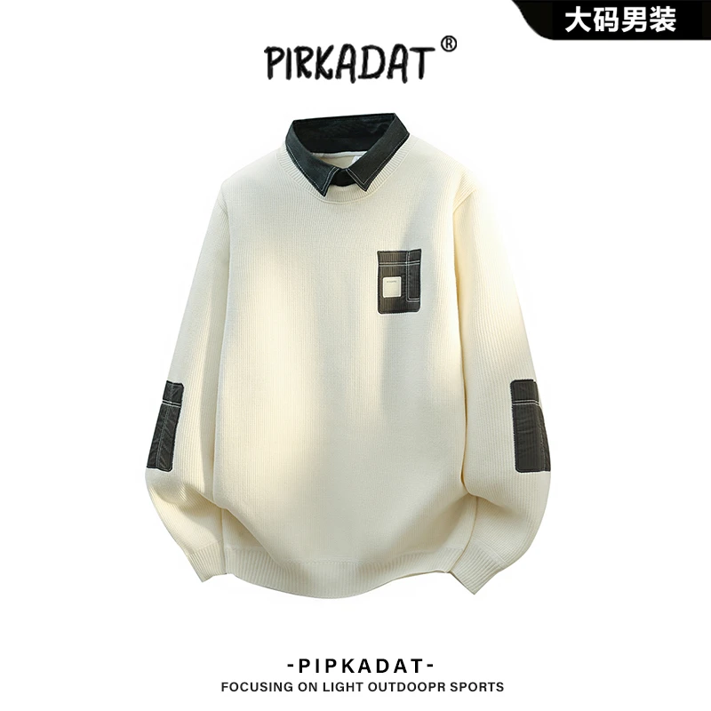 Pirkadat秋季新款刺绣拼接撞色翻领针织毛衣男韩系小众百搭上衣男