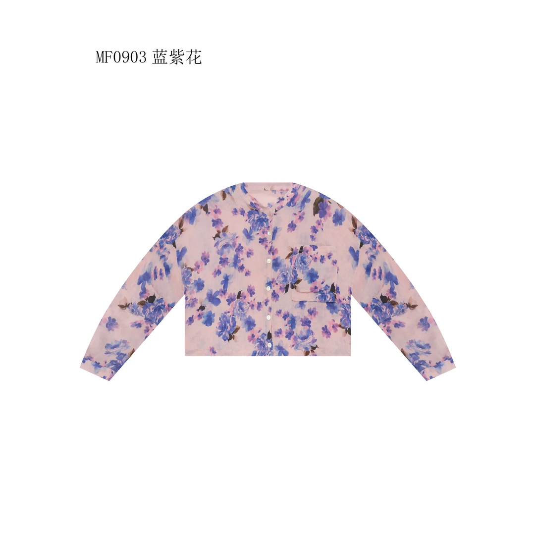 【麻訪家】MF0903蓝紫花文艺碎花宽松休闲百搭开衫上衣