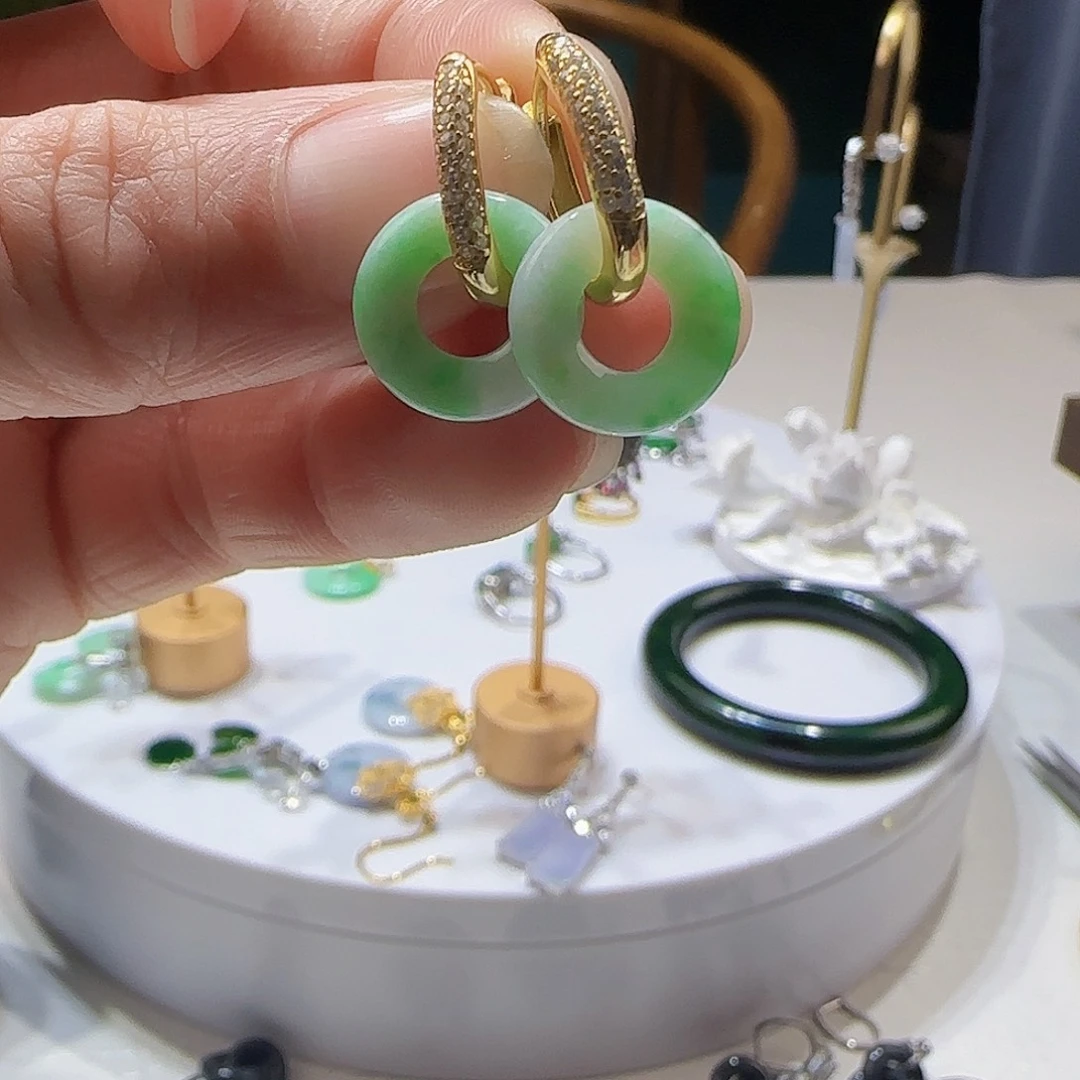 翡翠耳饰银S925镶嵌天然缅甸a货翡翠