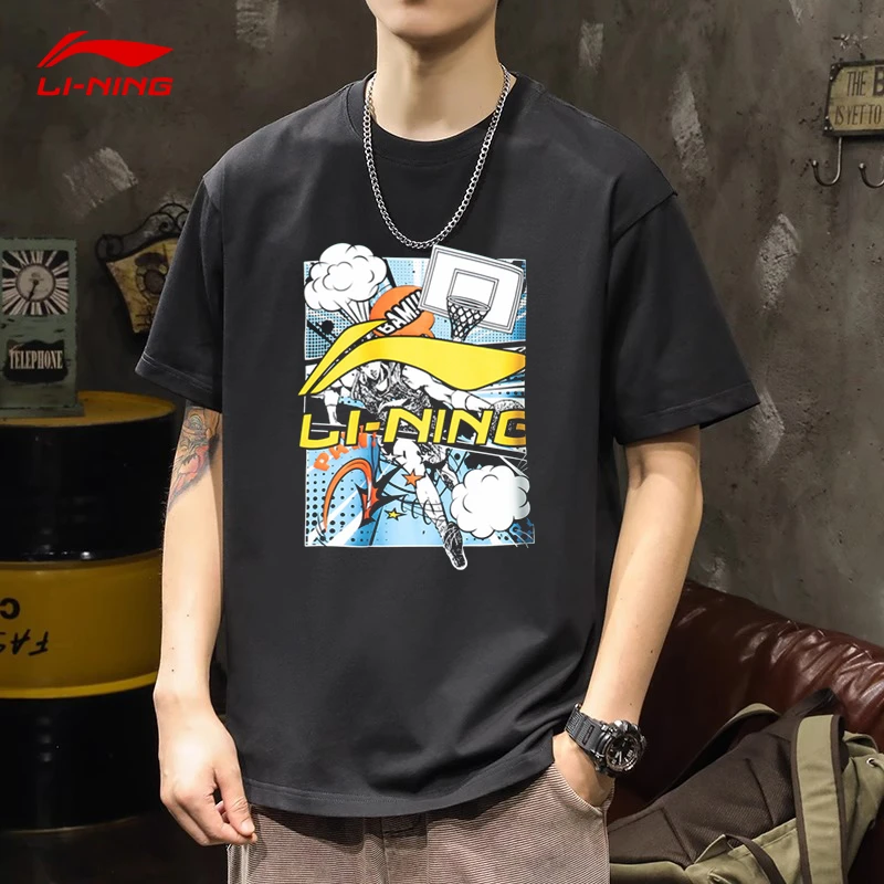 李宁短袖男款黑色印花2025夏季学生简约黑色百搭短袖时尚潮流T恤