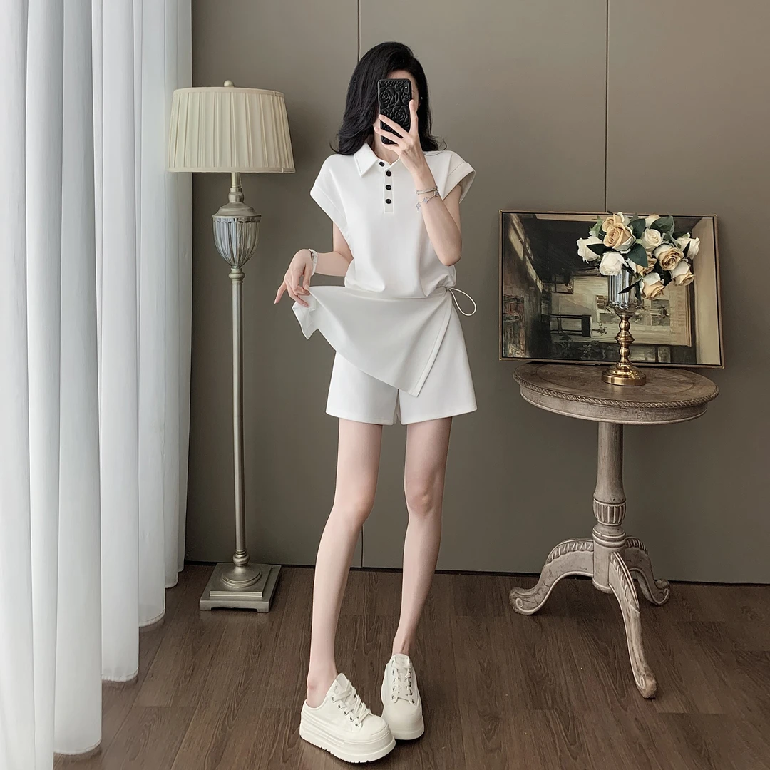 白色巨好看的夏装一整套韩系减龄休闲时尚运动风短袖裙裤两件套女