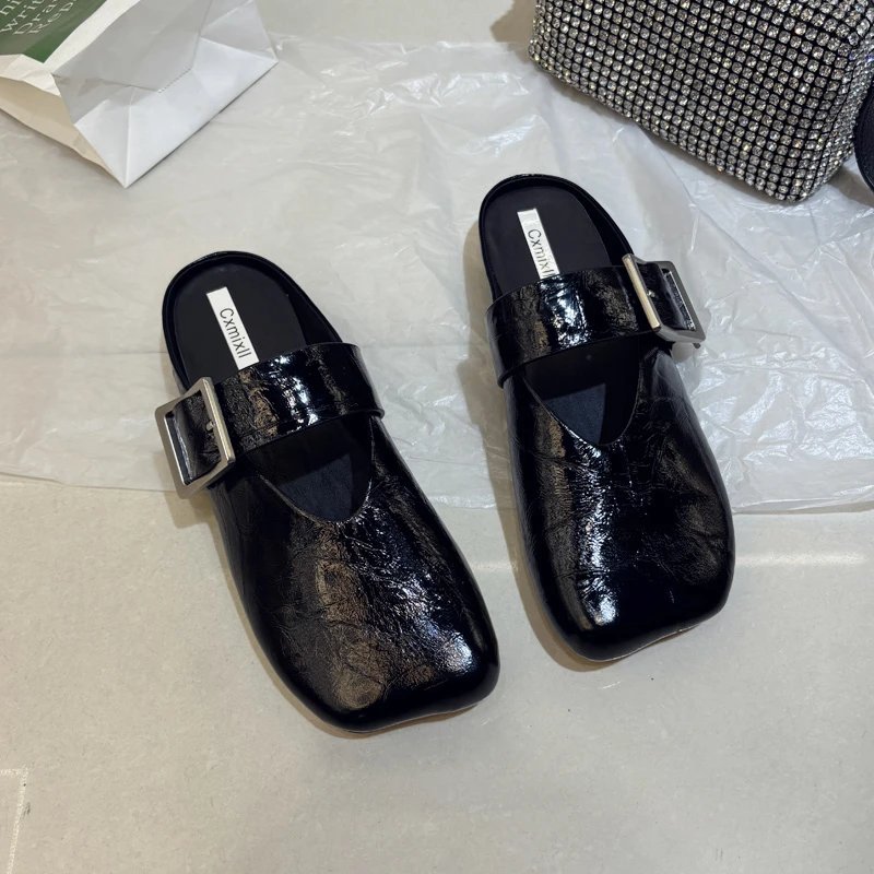 2025 方头包头半拖鞋女时尚懒人鞋复古低跟凉拖舒适外穿穆勒鞋