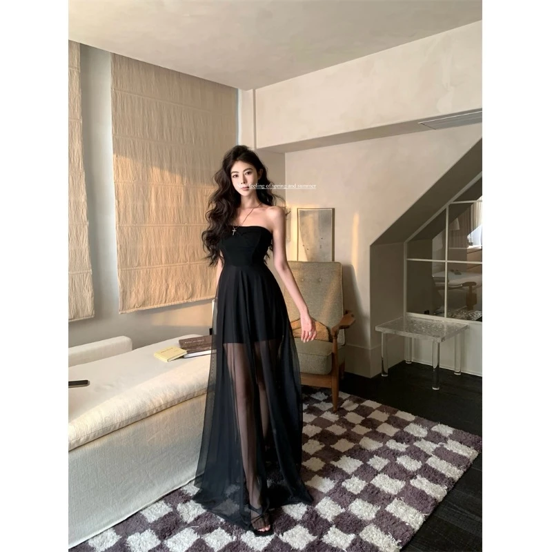 一字肩黑色无袖抹胸连衣裙女夏季网纱拼接收腰裙子设计感a字长裙
