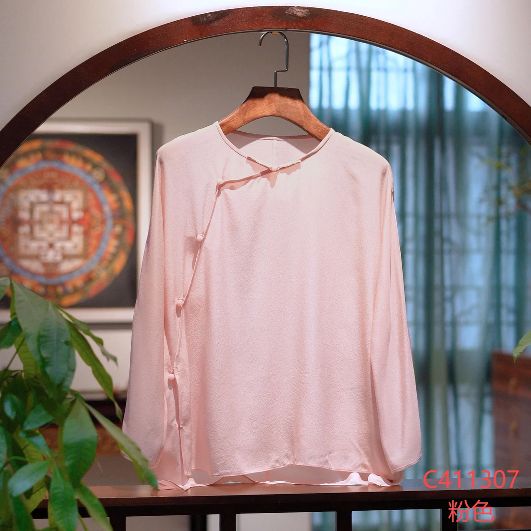 【锦系】真丝双绉新中式国风桑蚕丝圆领斜襟八分袖上衣C-411307