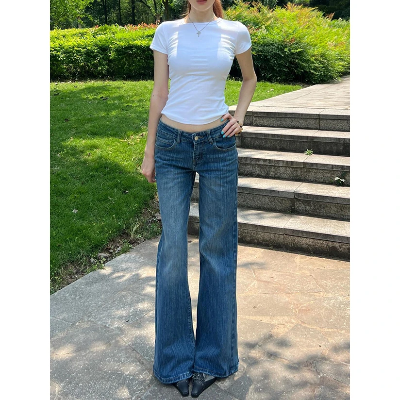 深蓝美式低腰微喇牛仔裤女夏季新款竹节纹不贴腿设计直筒喇叭裤子