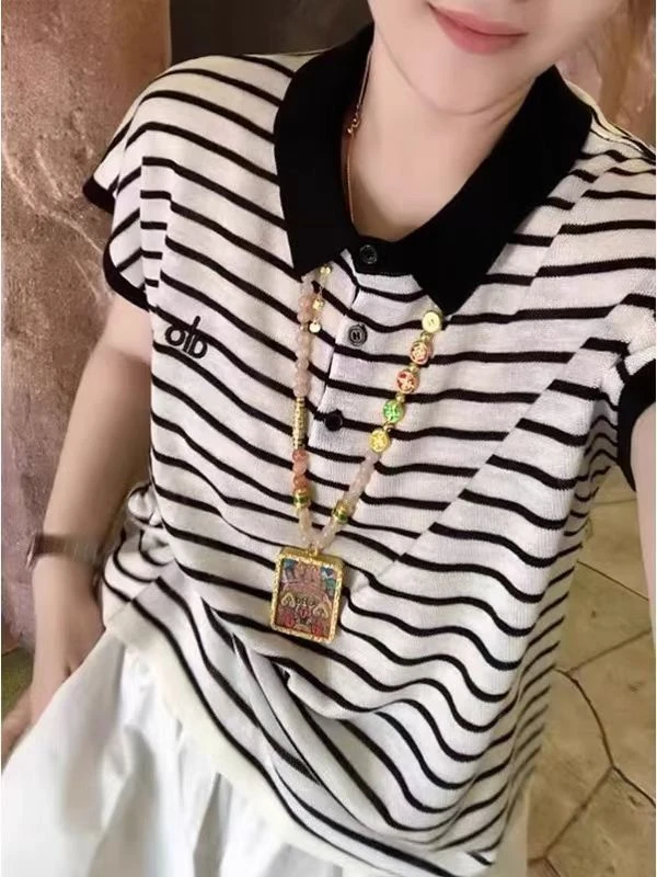 莱赛尔➕天丝 欧货撞色条纹自带冰感针织上衣