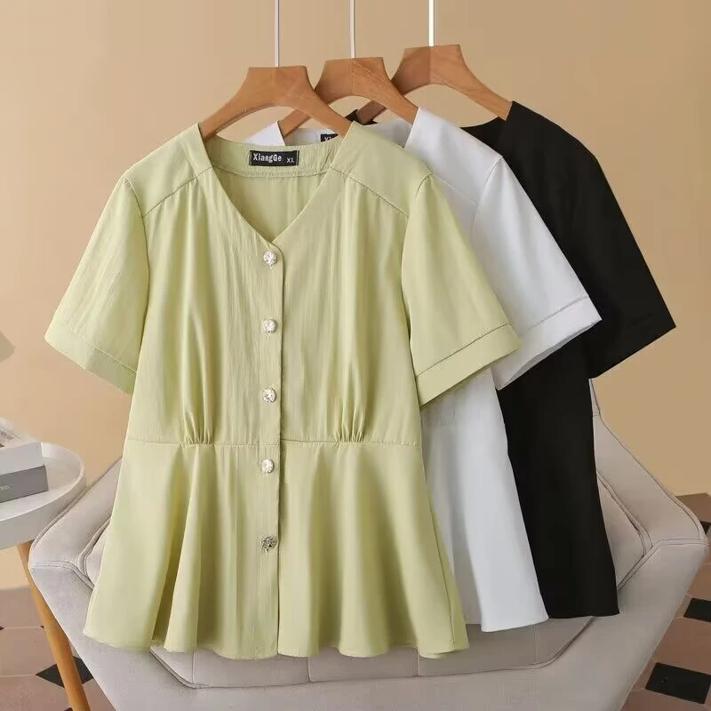 2025夏季新款大码短袖小衫胖mm宽松显瘦V领衬衫法式上衣女948