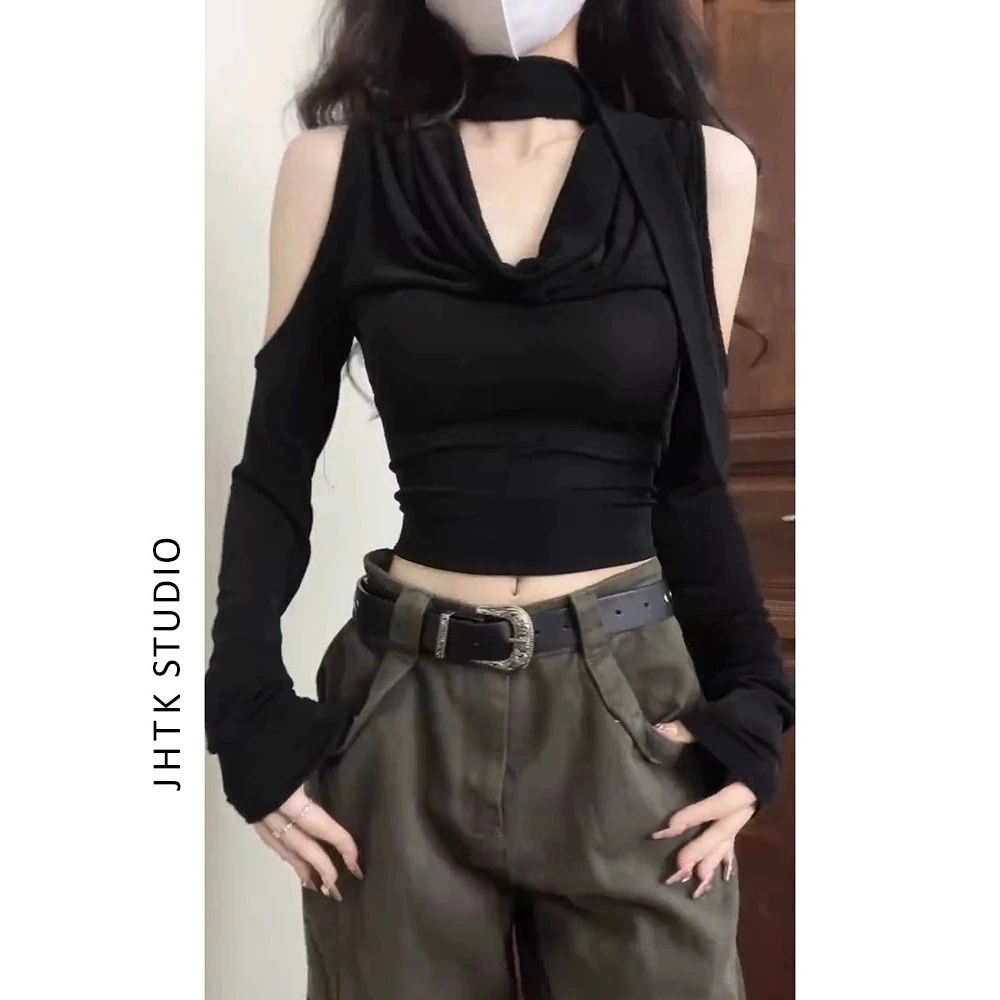 黑色辣妹镂空V领长袖上衣女2025秋季设计感修身显瘦短款露肩T恤潮