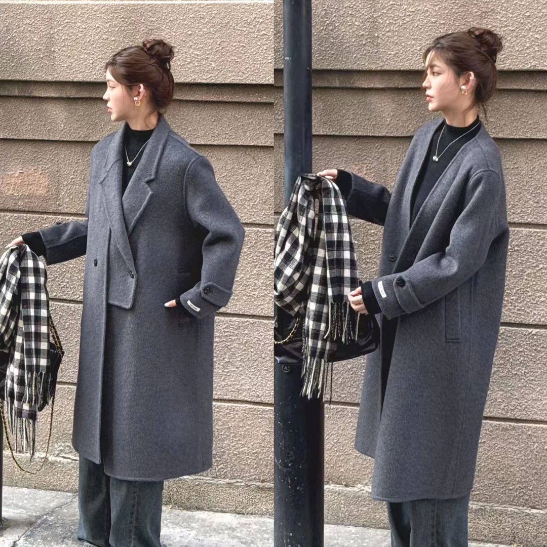 「霖依」25年羊驼毛秋冬新款西装领可拆卸假两件套大衣中长款2525