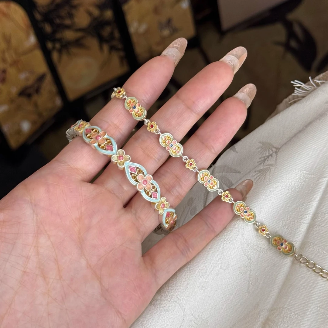 古法珐琅彩繁花手环镂空高级感个性百搭复古宫廷新