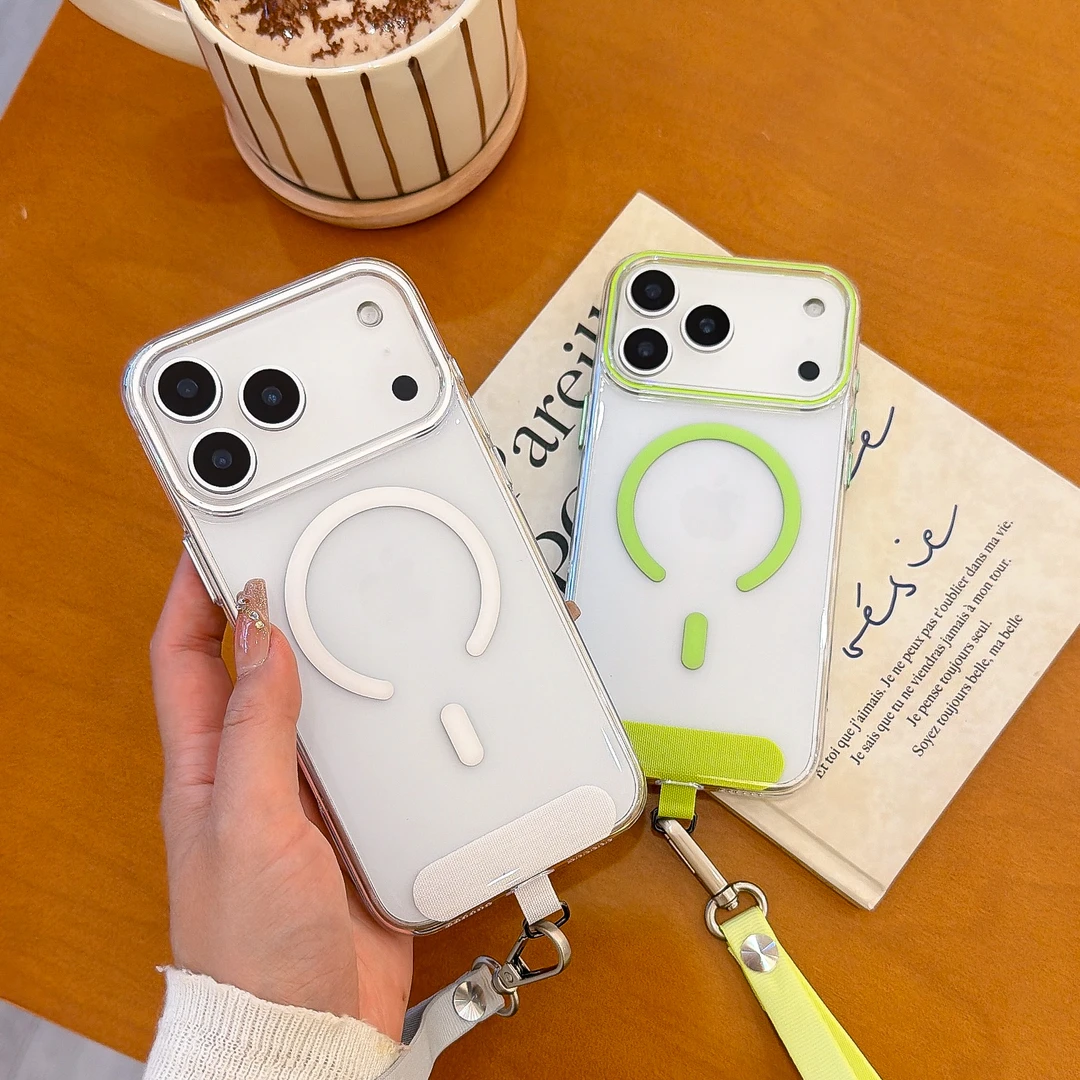 适用苹果17Air手机壳苹果15创意问号高级磁吸手机壳IP16透明短绳