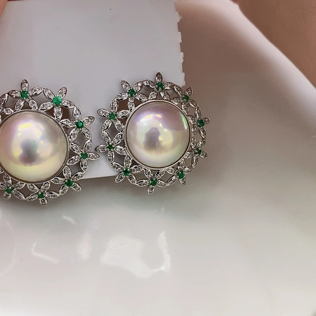 18K金镶嵌日本原装极光马贝耳饰拼合珍珠（马贝珠）卓*