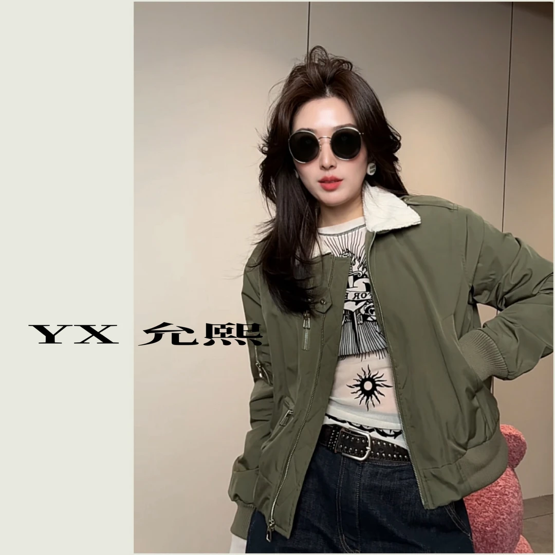 《允熙》拼接羔毛撞色翻领保暖棉服外套