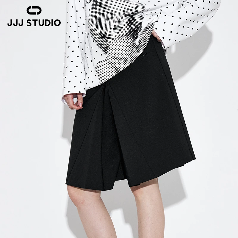 JJJ STUDIO 黑色休闲高腰立体压褶设计中性简约微A中裤JKWWS2D034