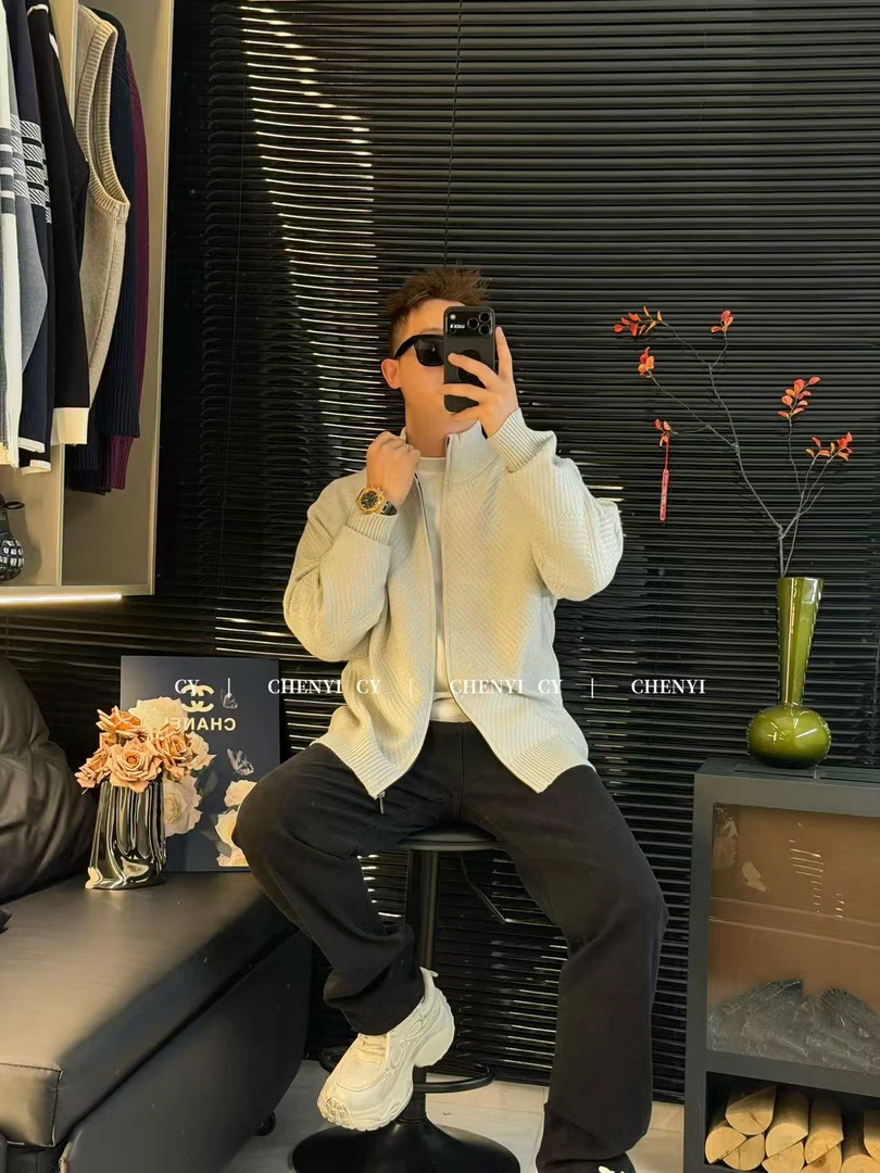 CHEN YI2025设计新款百搭时尚褶皱感外套毛衣拉链立领亲肤感男款