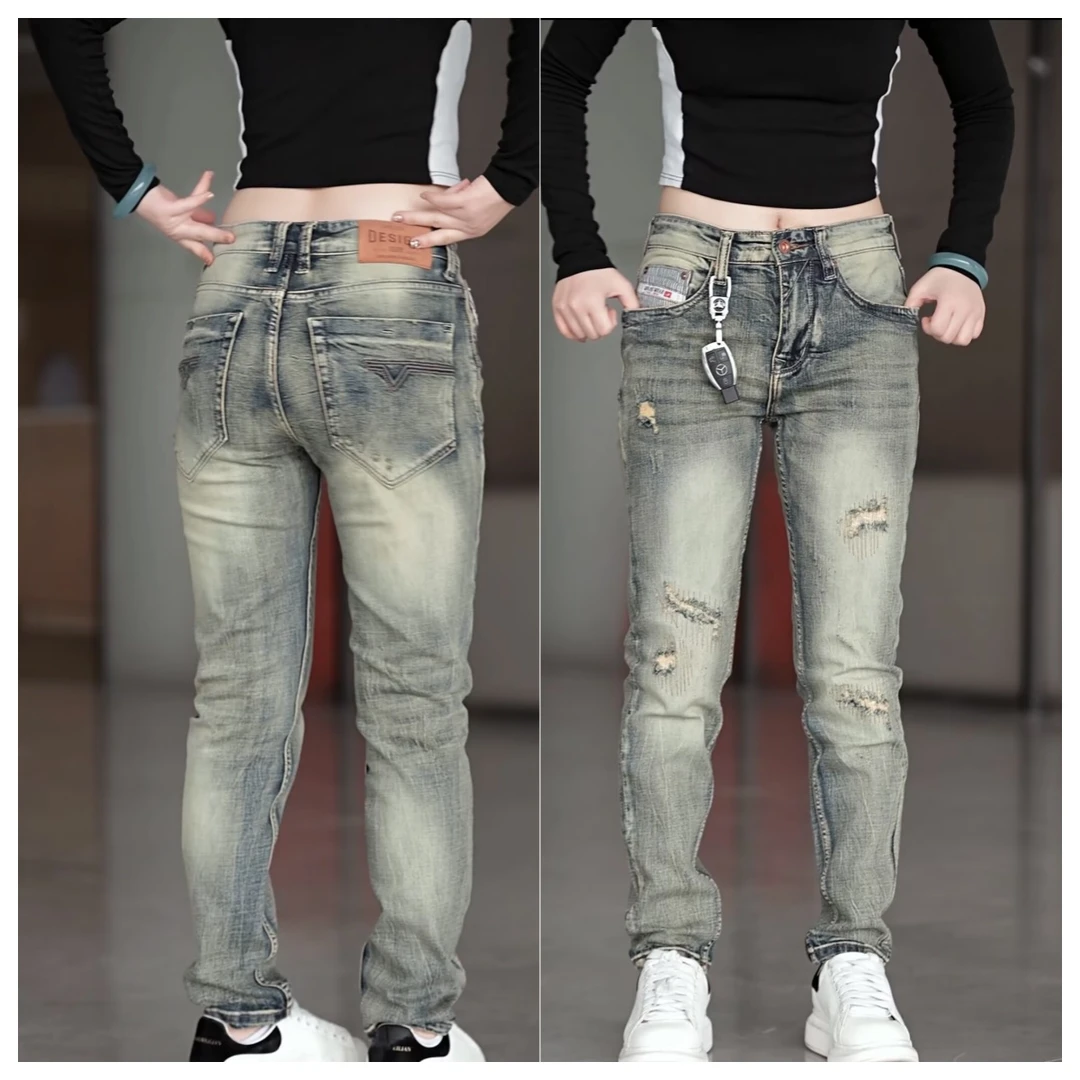男士秋冬款美式复古原创破洞牛仔裤修身小脚弹力补丁时尚牛仔长裤