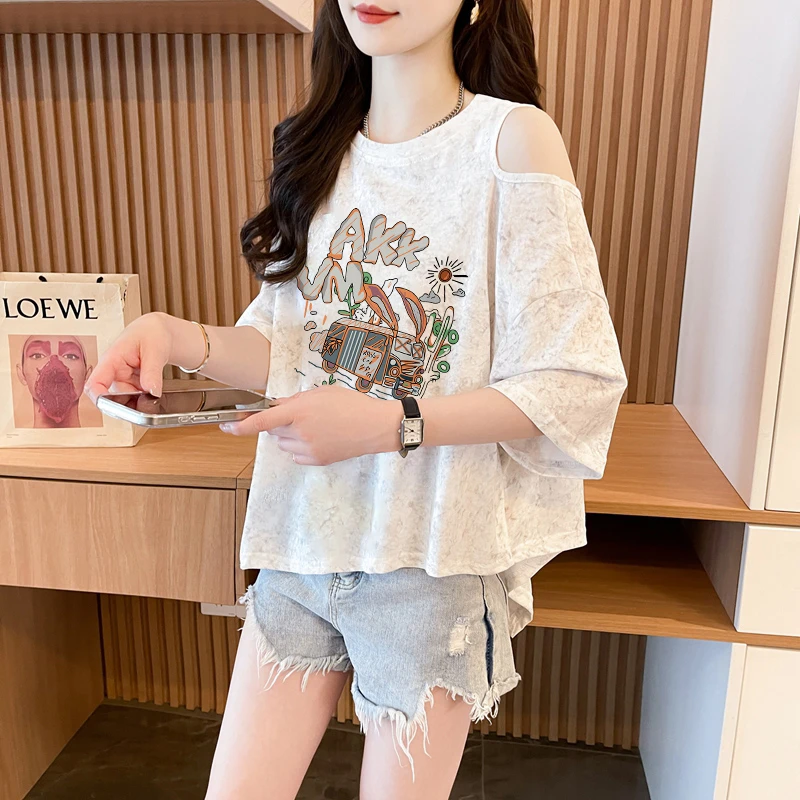 设计感不规则露肩短袖T恤女夏季韩版宽松时尚百搭纯欲风半袖上衣