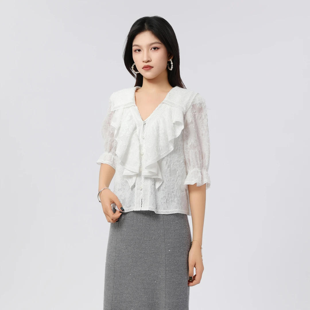 limil/丽米儿新款蝴蝶领上衣七分袖简约气质衬衣女(带内衬)930007