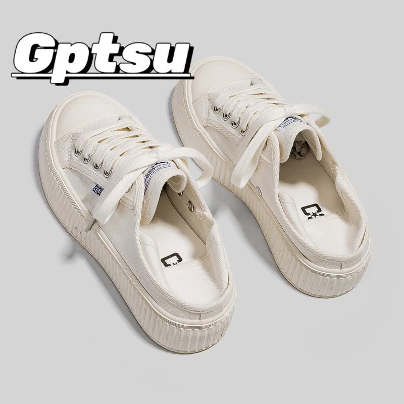 GPTSu春夏季新款两穿帆布鞋女透气百搭半拖小白鞋学生厚底休闲鞋