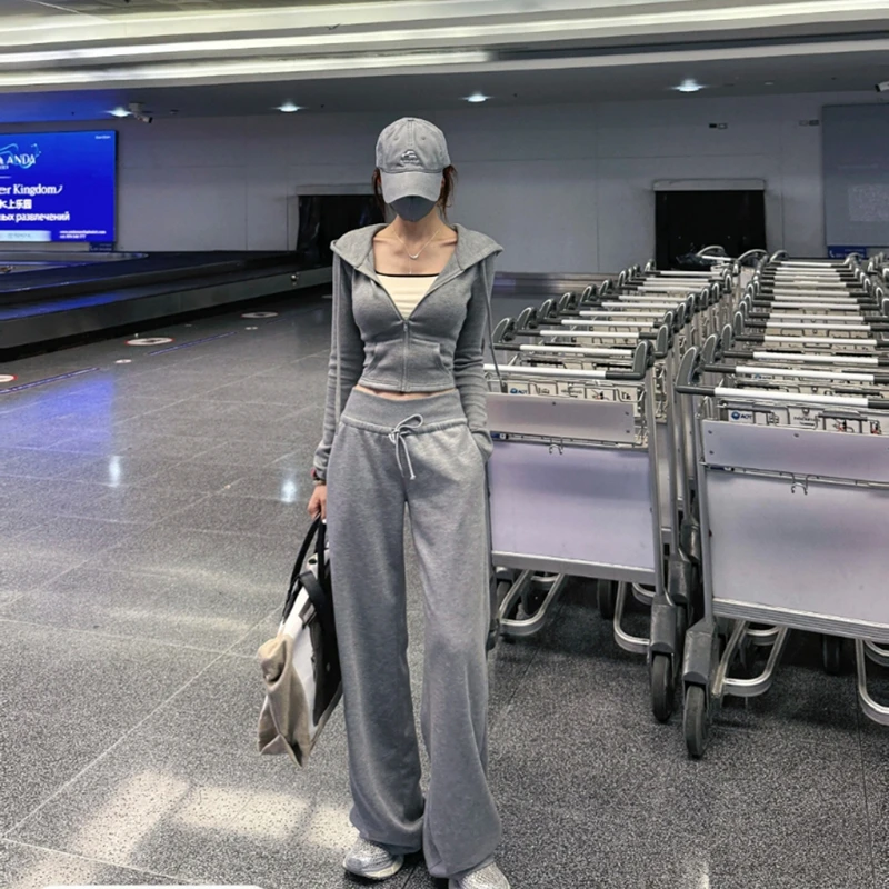 【芭蕾舞蹈生】后背绑绳收腰连帽拉链卫衣外套松紧腰显瘦卫裤套装