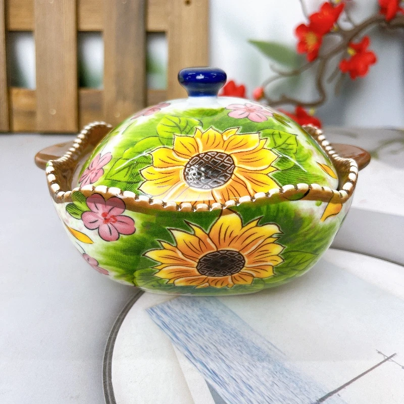 【欧礼】向日葵系列双耳炖盅配蓝盖家用陶瓷餐具