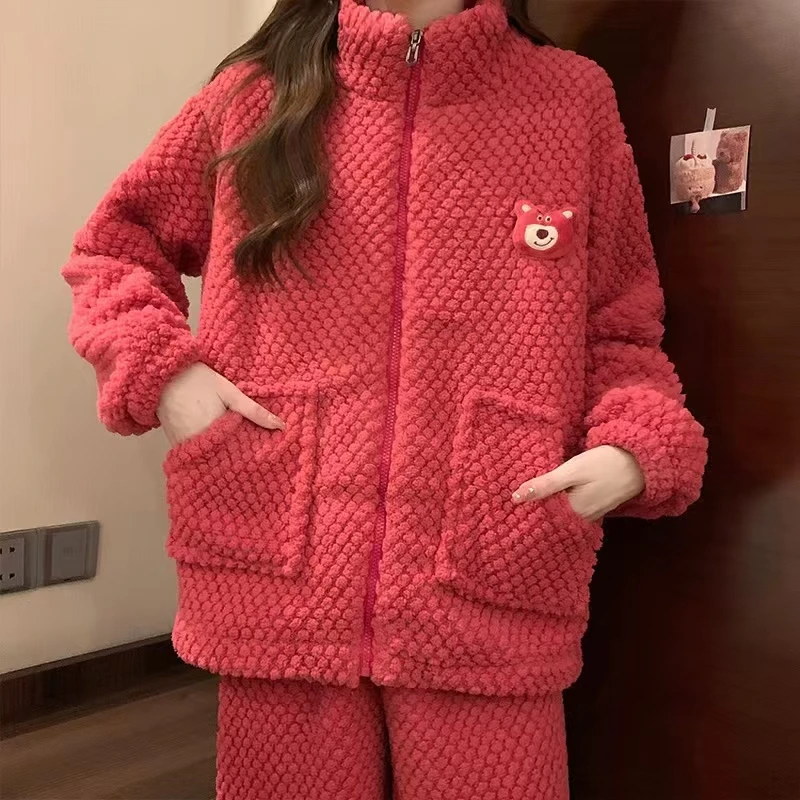 1095绒款玫红草莓熊拉链款长袖长裤家居服套装