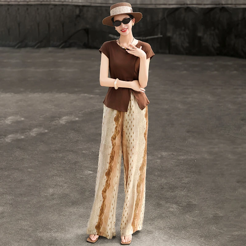 MEXCOCO/兰瑟儿夏季新款气质圆领上衣阔腿裤时尚套装105XO0839