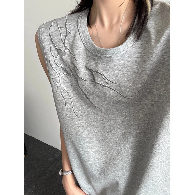 灰色闪电暗纹刺绣背心男款夏季潮牌痞帅美式高街无袖t恤内搭坎肩