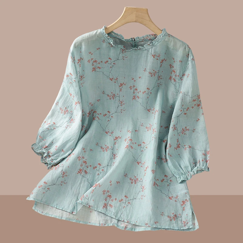 小清新文艺碎花五分袖衬衫夏季时尚新款女装印花上衣宽松套头衬衣