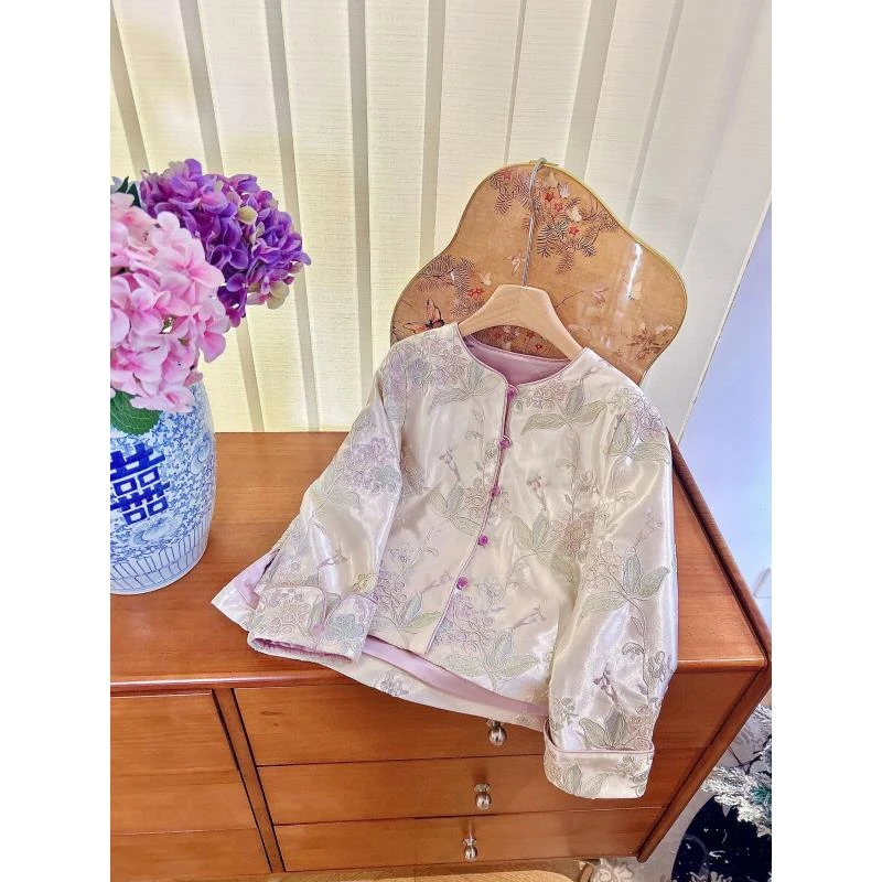 CCM2025春季新款女童新中式人丝提花刺绣上衣国风高级感缎面外套