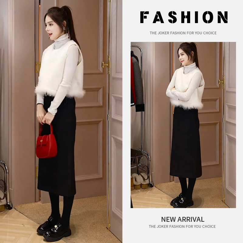 【现货】秋冬整套女2025新款洋气马甲内搭修身显瘦开叉半身裙三件套