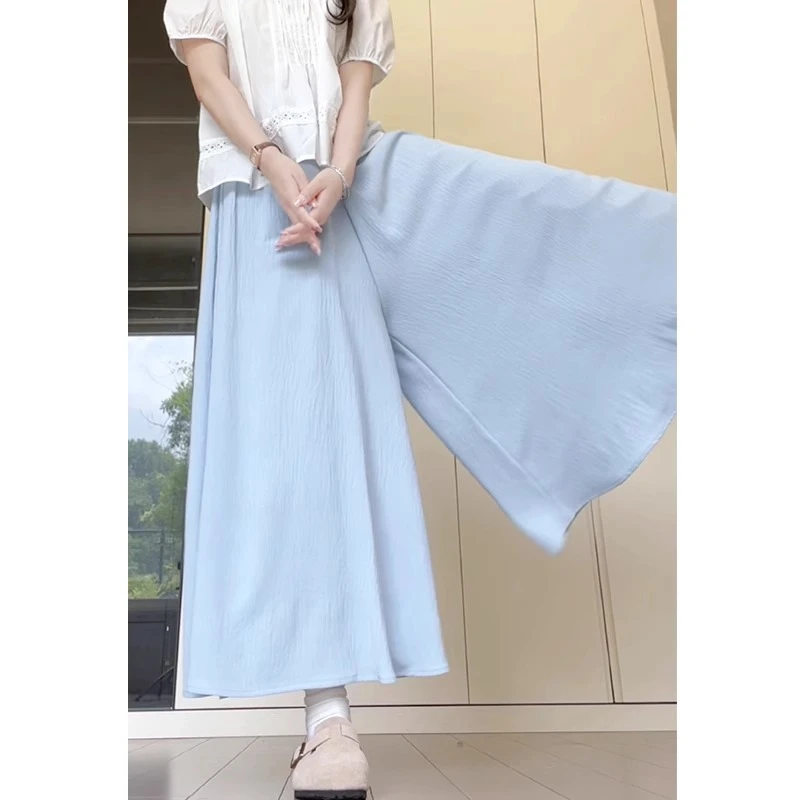 蓝色宽松裙裤女夏季薄款小个子高腰a字半身裙温柔棉麻垂感阔腿裤