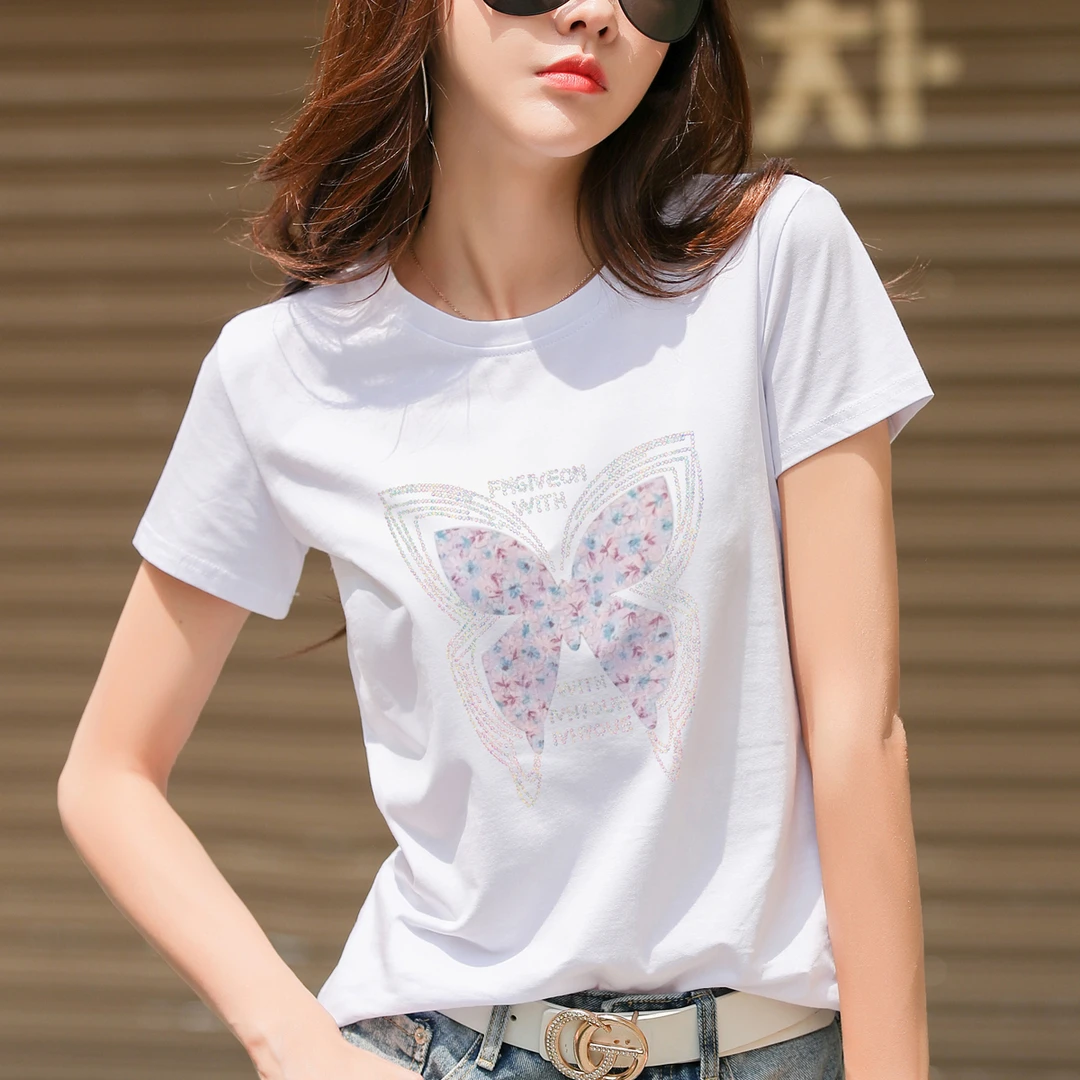 正肩大码短袖t恤女夏季宽松设计烫钻个性半袖打底衫女士上衣潮牌