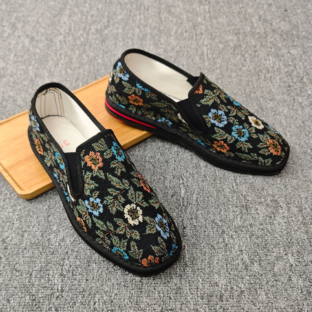 老北京布鞋千层底一脚蹬休闲鞋耐磨透气夏季软底开车工作鞋花鞋男