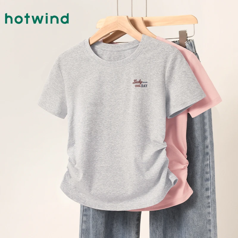 Hotwind/热风针织抽褶T恤女2025新款收腰内搭美式休闲短袖上衣女