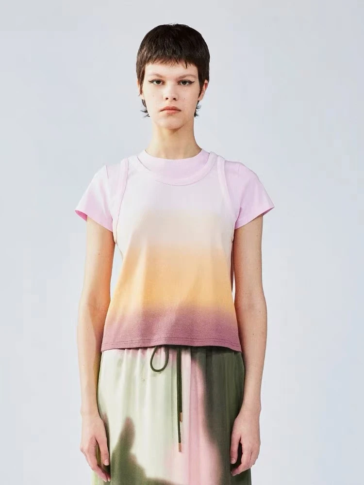 UOOYAA/乌丫2025夏季新款渐变光影假两件背心T恤1399